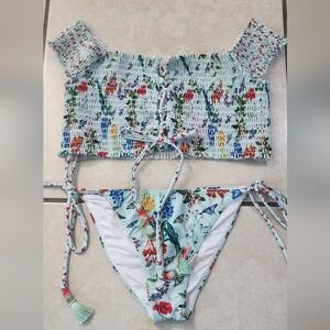 Milonga Floral Off-Shoulder Bikini Set, Size Small.